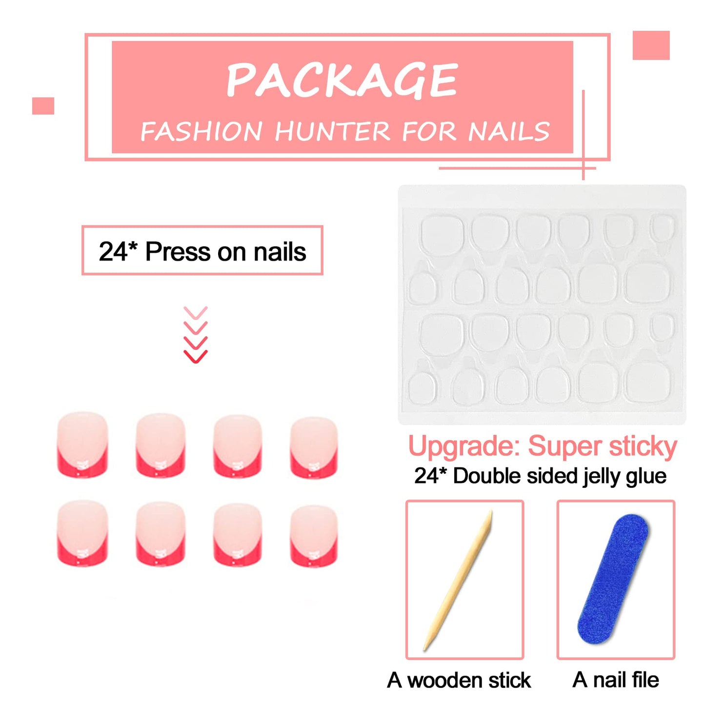 Ceboic Press on Nail Short Square, 24Pcs Nude Red French Tips False Nails, Acrylic Full Cover Nails with Design, Artificial Stick on Nails for Women and Girls Nail Art Manicure Decoration