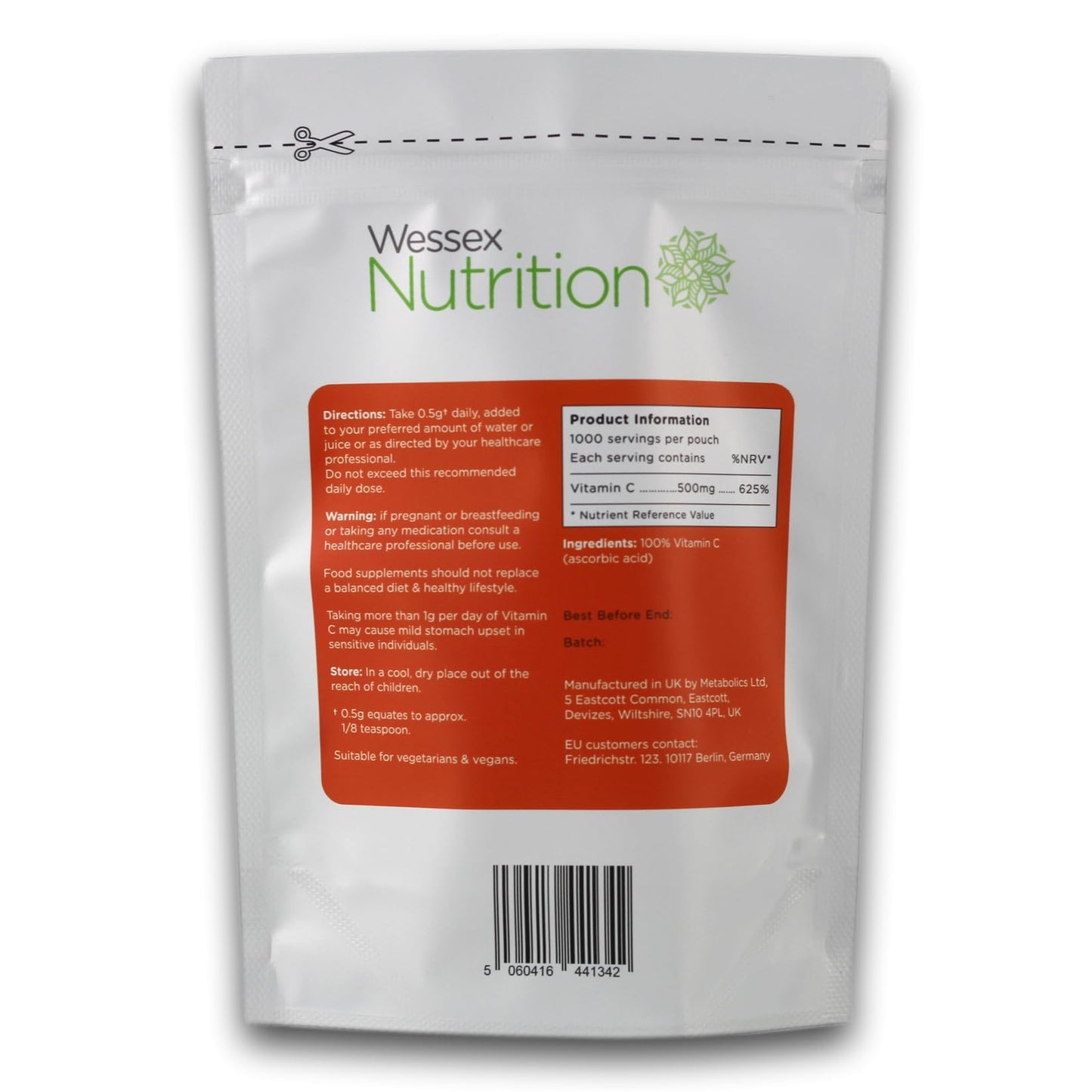 Nutristrength Pure Vitamin C Powder - 100% Ascorbic Acid Vitamin C Powder, Pharmaceutical Grade - Nothing Added, Non GMO & Made in The UK (500g) 12 Months Shelf Life.