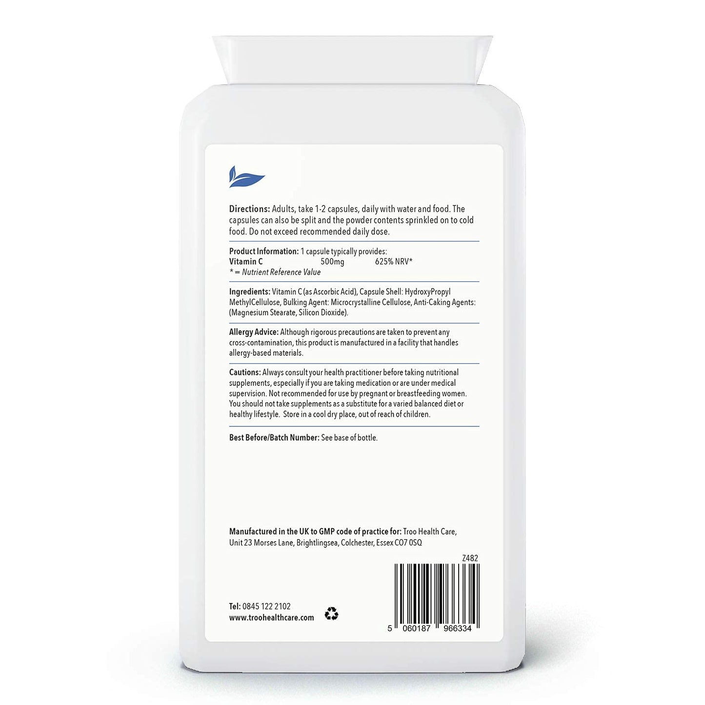 Troo Health Care Vitamin C 500mg Supplement 120 Capsules - High Strength - Easy Swallow - Immune Support Reduces Fatigue