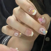 Maggidea French Cute False Nails Extra Short Kids Stick on Nails with Mermaid Bubble Beads 24pcs Square Press On Nails with Glue Sweet Colour Design Funny Fake Nails for Women (Sweet Heart)