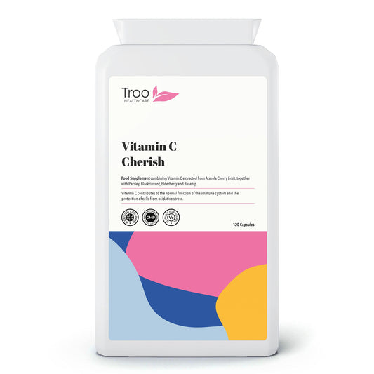 Troo Health Care Vitamin C Cherish 120 Capsules - Natural Food Vitamin C Immune Support & Fatigue Reduction Supplement Containing Acerola Cherry and Elderberry - UK Manufactured