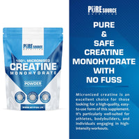 Pure Source Nutrition Creatine Monohydrate Powder Vegan Gluten Free 100% Micronised Creatine Unflavoured Proven to Improve Physical Performance and Recovery Powder (250g)