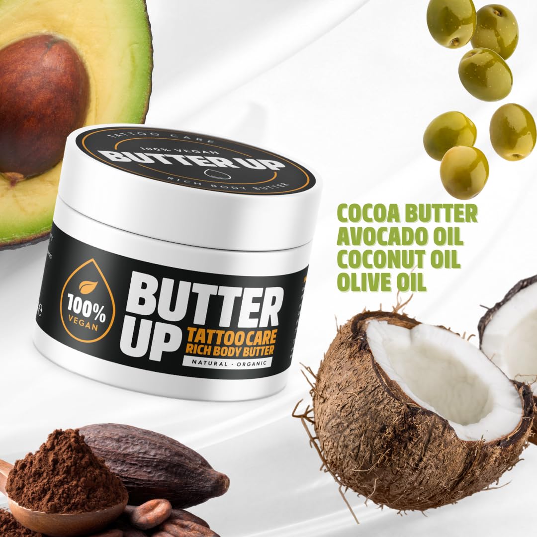 Butter Up Tattoo Aftercare - Heals & Brightens Tattoos, Natural, Organic, Cruelty Free, Rich Creamy Vegan Body Butter 100ml UK Made