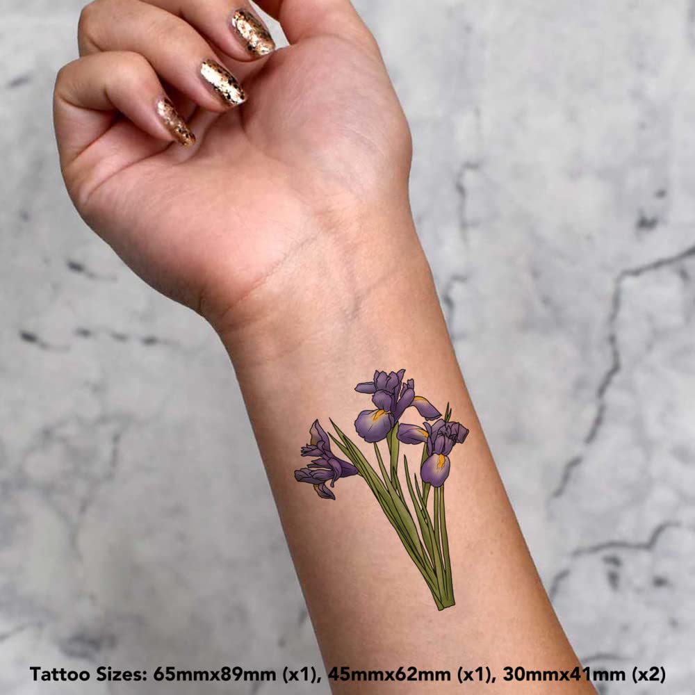 Azeeda 4 x 'Blue Iris Flowers' Temporary Tattoos - Water Resistant, Skin-Safe, Non-Toxic Transfers, Mixed Sizes (TO00050103)