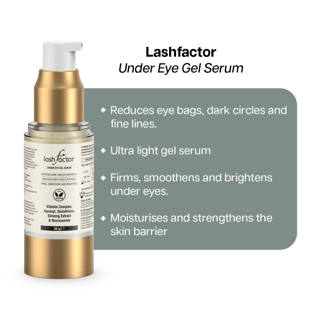 Lashfactor Under Eye Gel Serum - Hydrating Eye Serum for Dark Circles, Puffy Eyes, Eye Bags - Eye Bags Remover - Anti Ageing Eye Serum - Scientifically Proven & Vegan - 30g