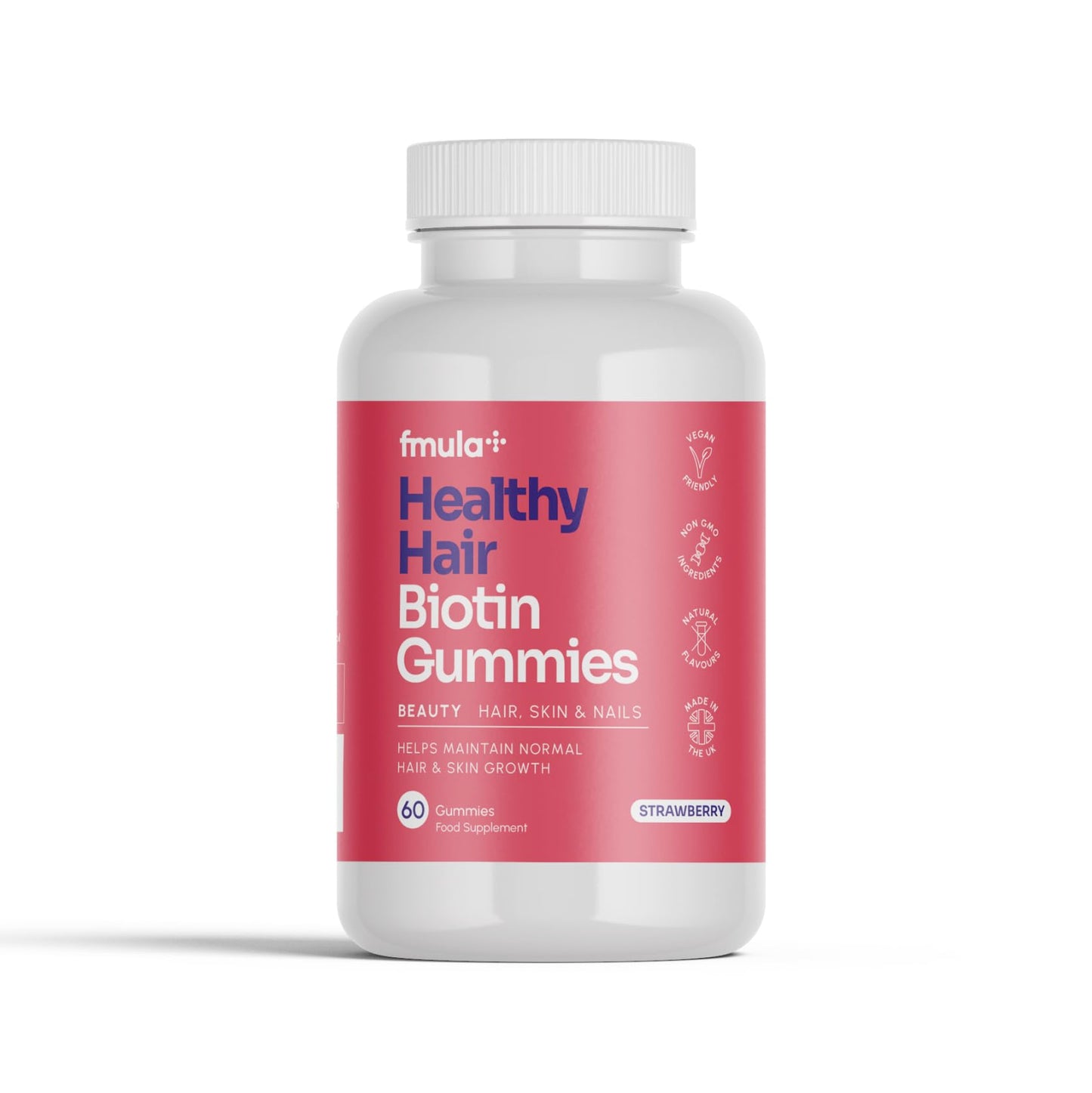 fmula+ Healthy Hair Biotin Gummies for Hair Growth | Hair, Skin and Nail Gummies | Vegan Biotin Supplement for Women | High Strength Biotin Hair Vitamins | Made in The UK | 60 Natural Strawberry Gummies
