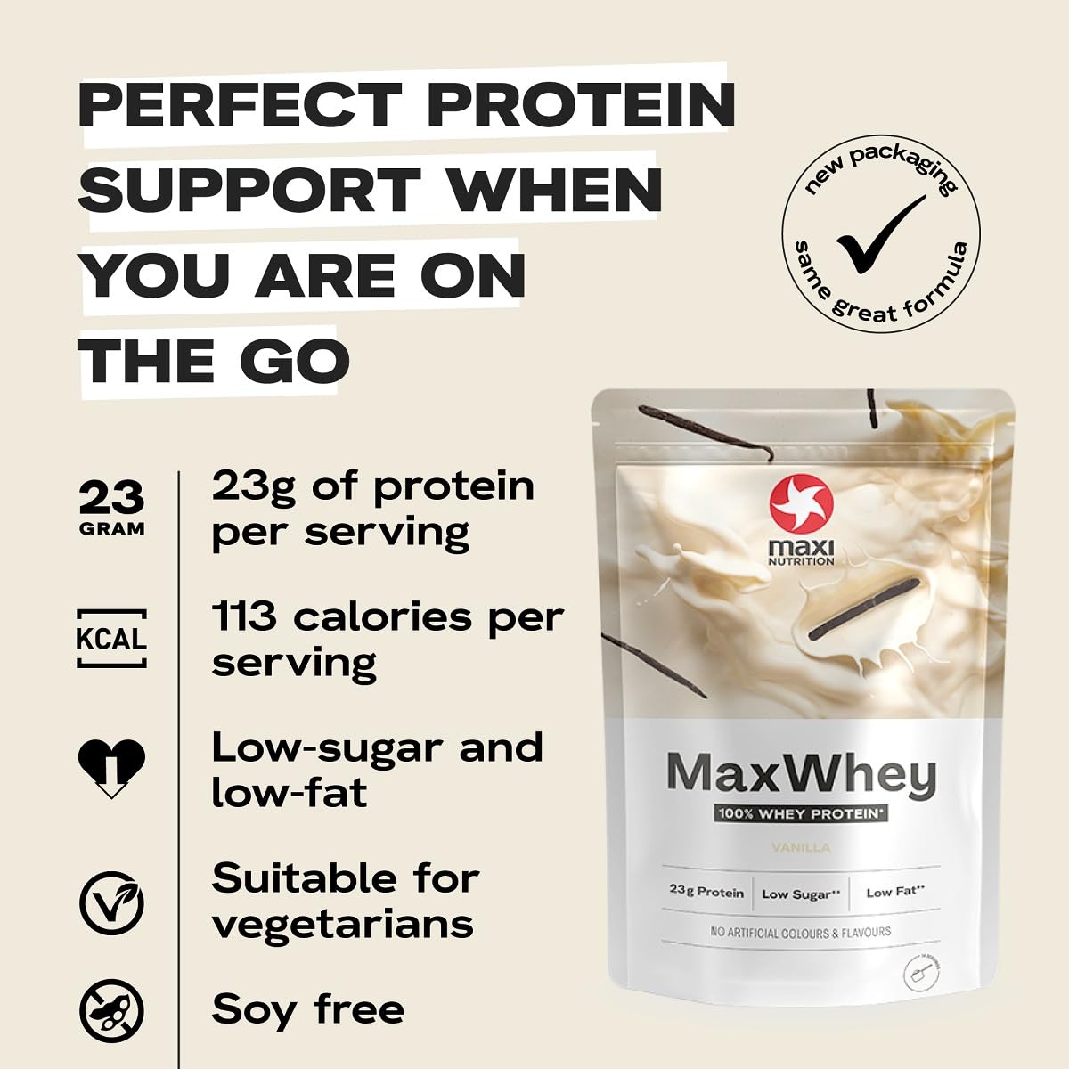 MaxiNutrition - MaxWhey - Whey Protein Powder Vanilla - Low-Fat - Low Sugar - Gluten & Soy-Free - Vegetarian - 420g - 113 kcal per Serving - 14 Servings