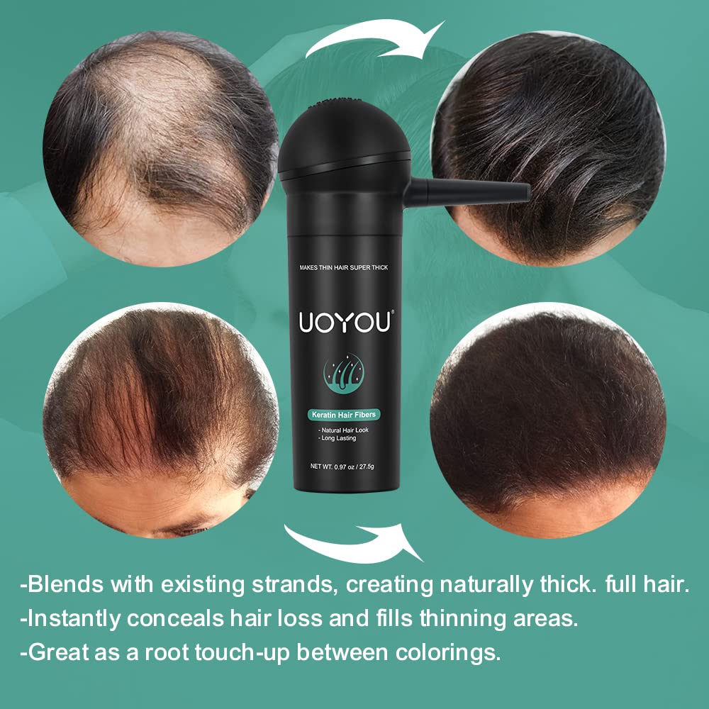 UOYOU MEDIUM BROWN Hair Fibres for Thinning Hair 27.5g Bottle with Applicator | Natural Keratin Hair Fibers Concealer for Hair Loss for Men and Women | Hair Building Fibres Powder [MEDIUM BROWN]