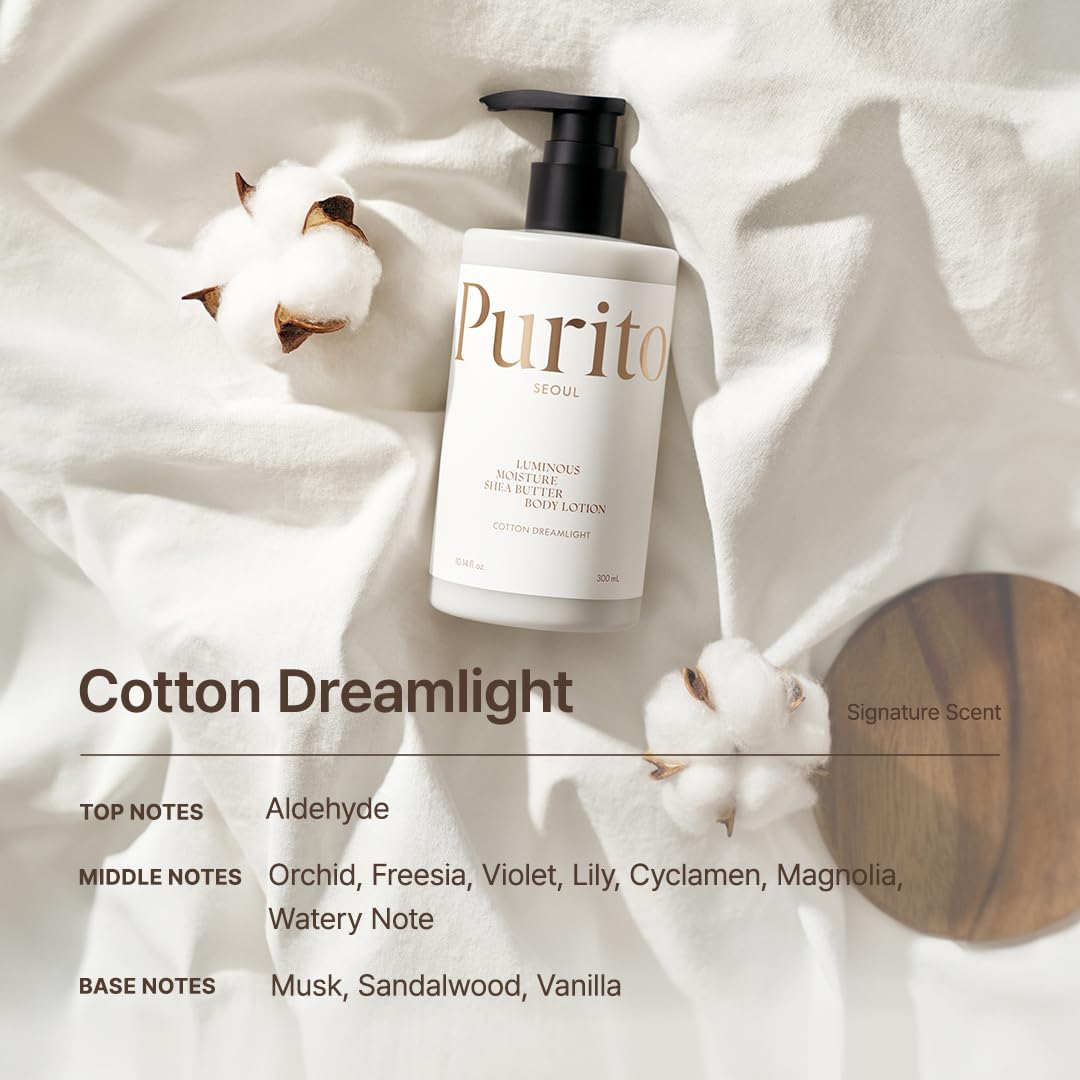 PURITO Luminous Moisture Shea Butter Body Lotion Cotton Dreamlight, Shea Butter, Gentle on Skin, Moisturizing, Dry Skin, Pump Bottle, K-Beauty, 300ml / 10.14 fl. oz.