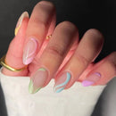 JUSTOTRY 24 Pcs Rainbow Almond Short False Nails,French Tip Press on Nails with Wavy Pattern,Pastel Fake Nails Medium,Oval Stick on Nails for Women Nails Art