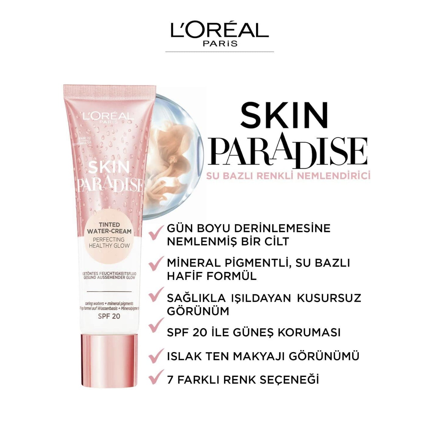 L'OREAL PARIS L'Oreal Paris Skin Paradise Tinted Moisturiser, Up to 24h hydration, SPF20, 03 Fair, 0.039 kg