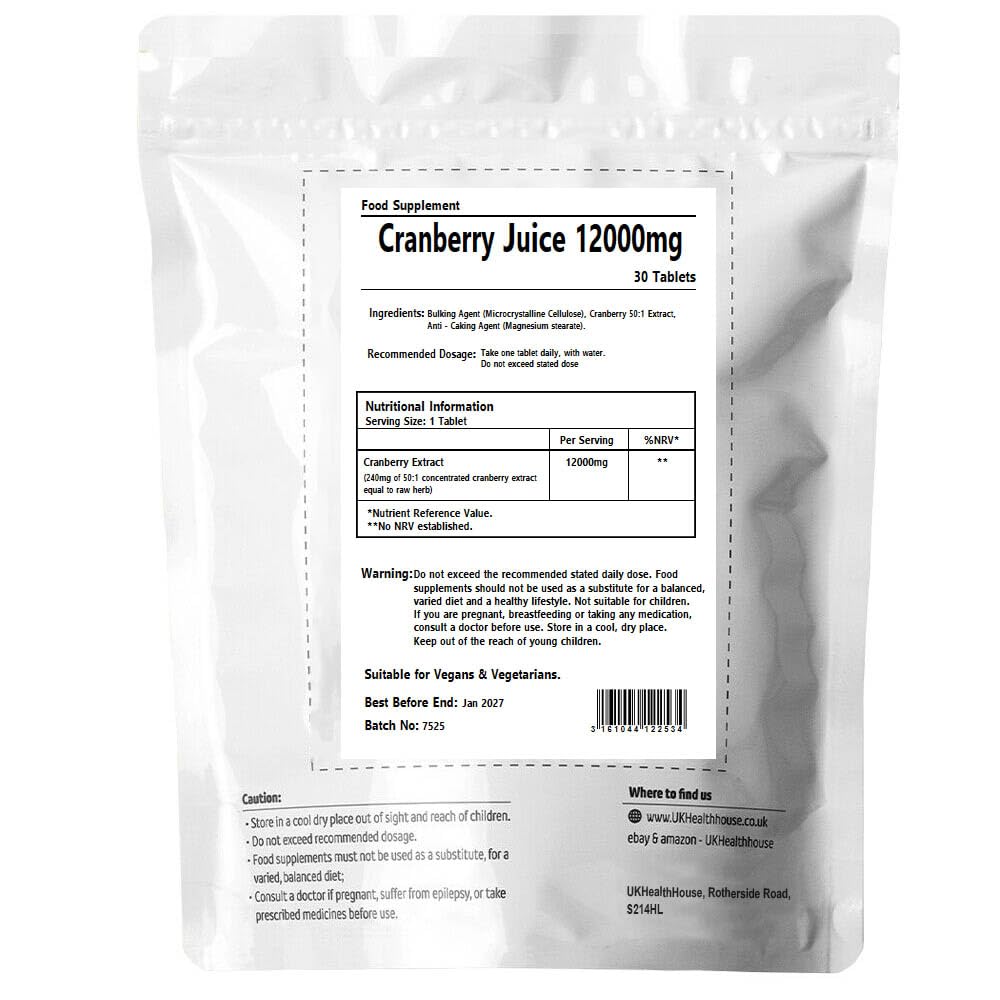 UKHealthHouse Cranberry Tablets 12000mg | High Strength Cranberry Extract Supplement for Women & Men Easy to Swallow Alternative to Cranberry Capsule (30 tabs)