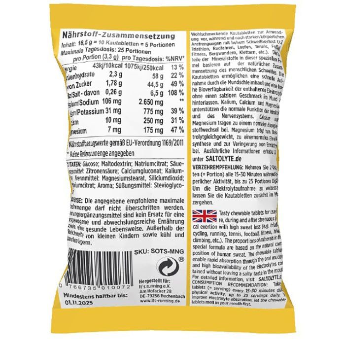 SALTOLYTE 10 Chewing Tablets Mango in Sachet, Salt and Electrolyte Chewable Tablets with Sodium, Magnesium, Potassium, Calcium - Mango Flavour