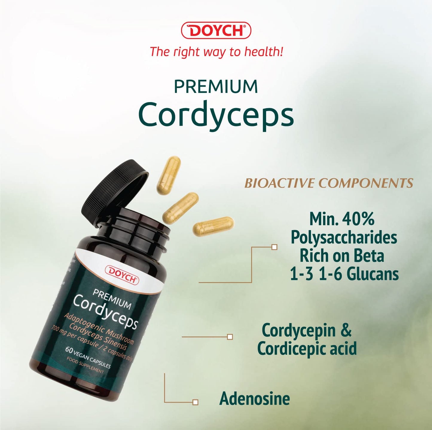 DOYCH Potent Cordyceps Mushroom Capsules 1400 mg Performance Booster - Bioactive Cordyceps Sinensis Extract with 40% Polysaccharides & Beta Glucan - 60 Organic Mushroom Capsules by Doych