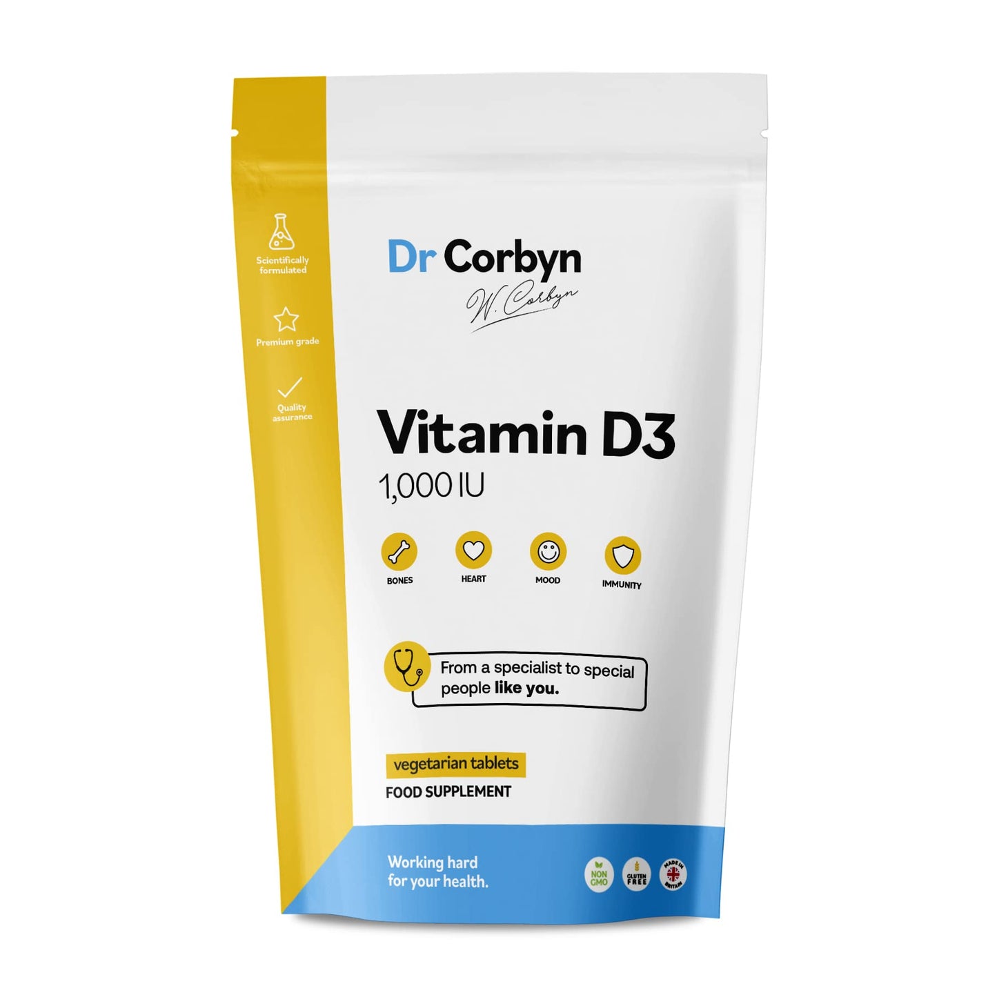 Dr Corbyn Vitamin D3 1,000 IU / 25ug - 60 Tablets | Vegetarian Vitamin D Supplement (Cholecalciferol) | Easy to Swallow Tablets | Immunity & Bone Support