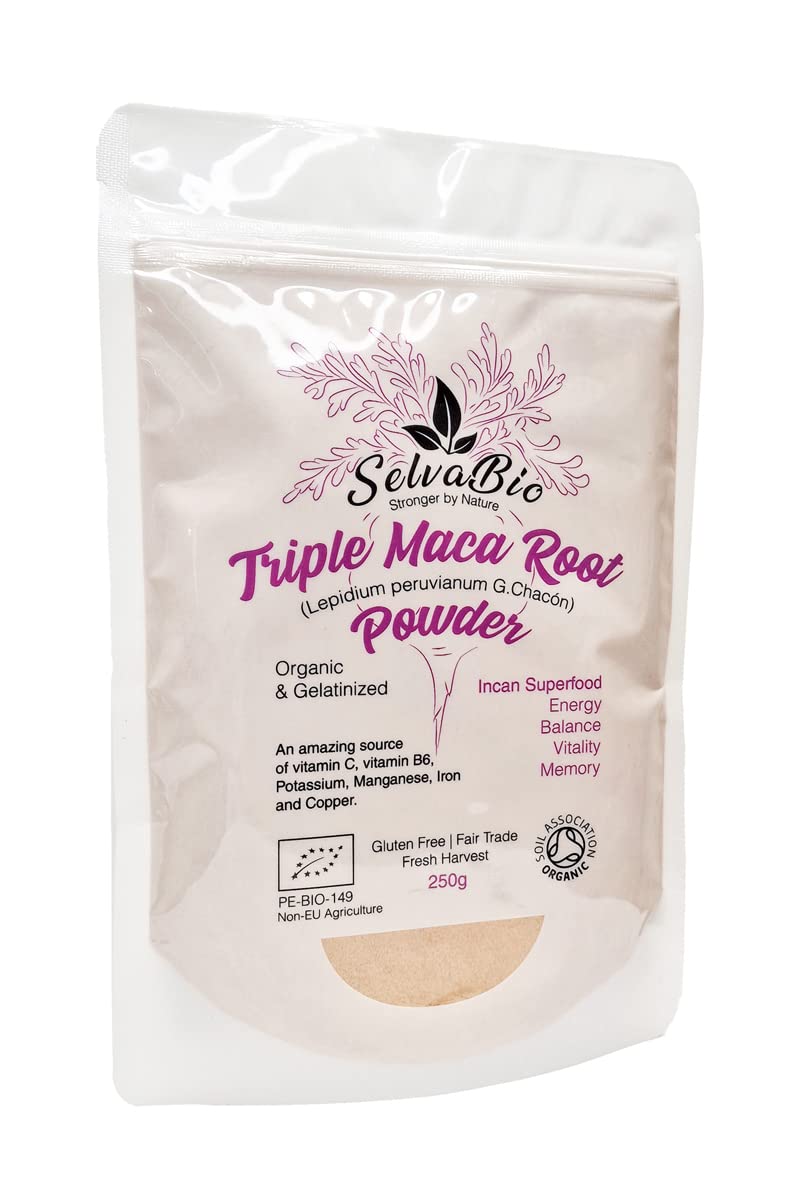 SelvaBio Triple Maca Root Powder, Gelatinised, Certified Organic, Black Red & Yellow Blend, Single Origin, Peru, Vegan, for Smoothies, Shakes & Baking, 250 g