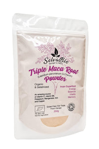 SelvaBio Triple Maca Root Powder, Gelatinised, Certified Organic, Black Red & Yellow Blend, Single Origin, Peru, Vegan, for Smoothies, Shakes & Baking, 250 g