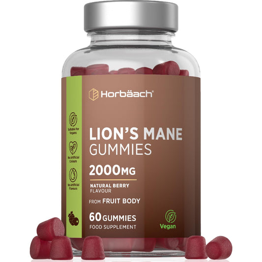 Horbäach Lions Mane Gummies 2000mg | High Strength Lions Mane Supplement | Mushroom Extract | Natural Berry Flavour | 60 Vegan Gummies | by Horbaach