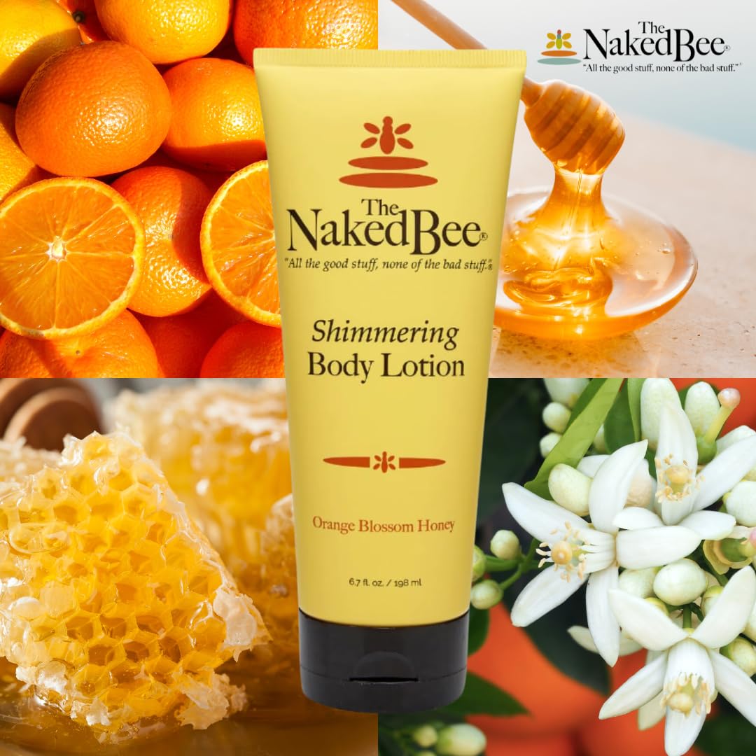 The Naked Bee Shimmering Orange Blossom Honey Hand & Body Lotion 6.7oz. Moisturising Body Lotion for Women. Shimmer Body Lotion, Hydrating Skin Care. Moisturising Shimmer Body Lotion for Hydration.