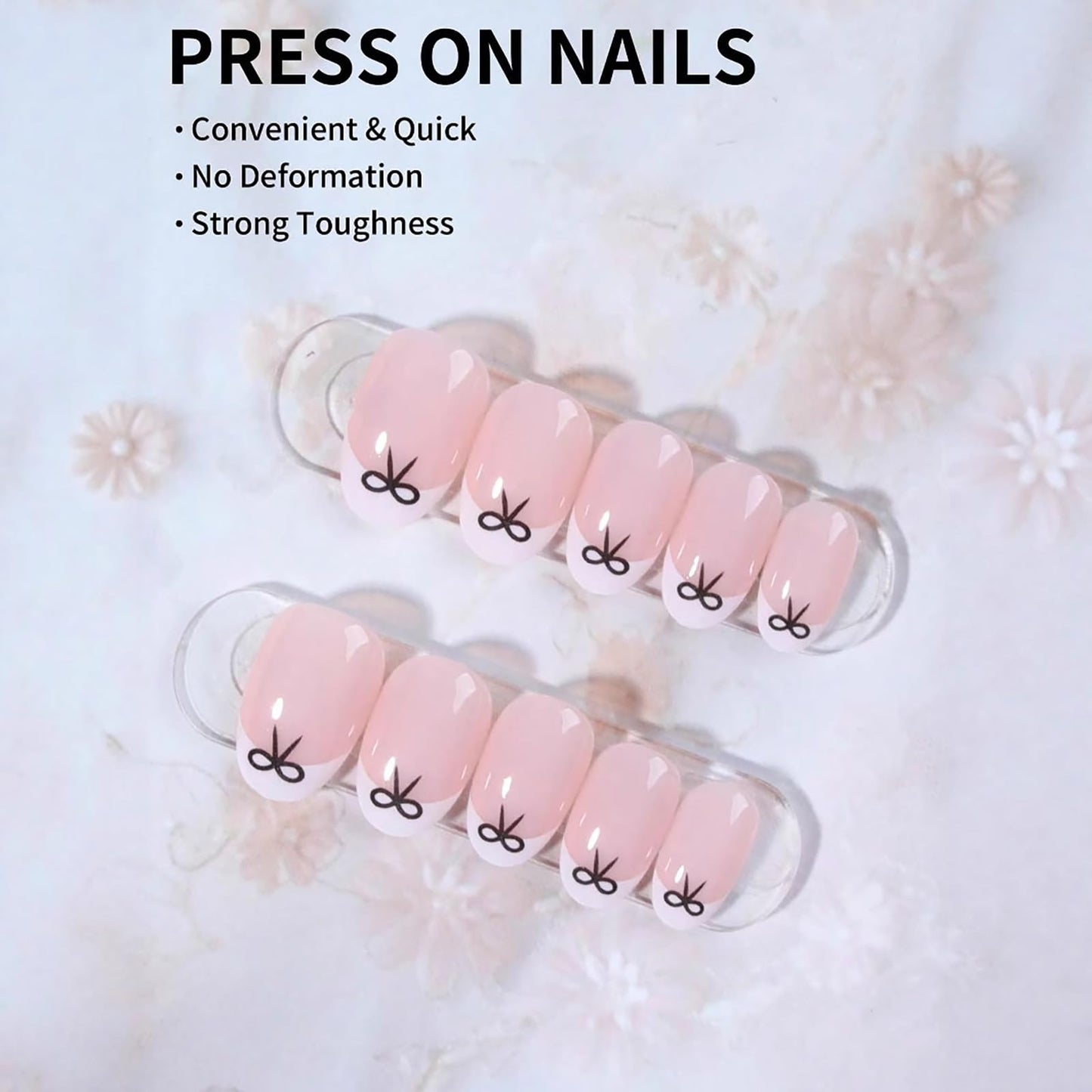 NLFOX 24pcs Short False Nails with Glue - French Tip Press on Nails Almond - Black Bow-Tie Stick on nails French Tip - Nude Fake Nails Glue on - Elegant Almond nail Tips Full Cover for Women Girls Long Last