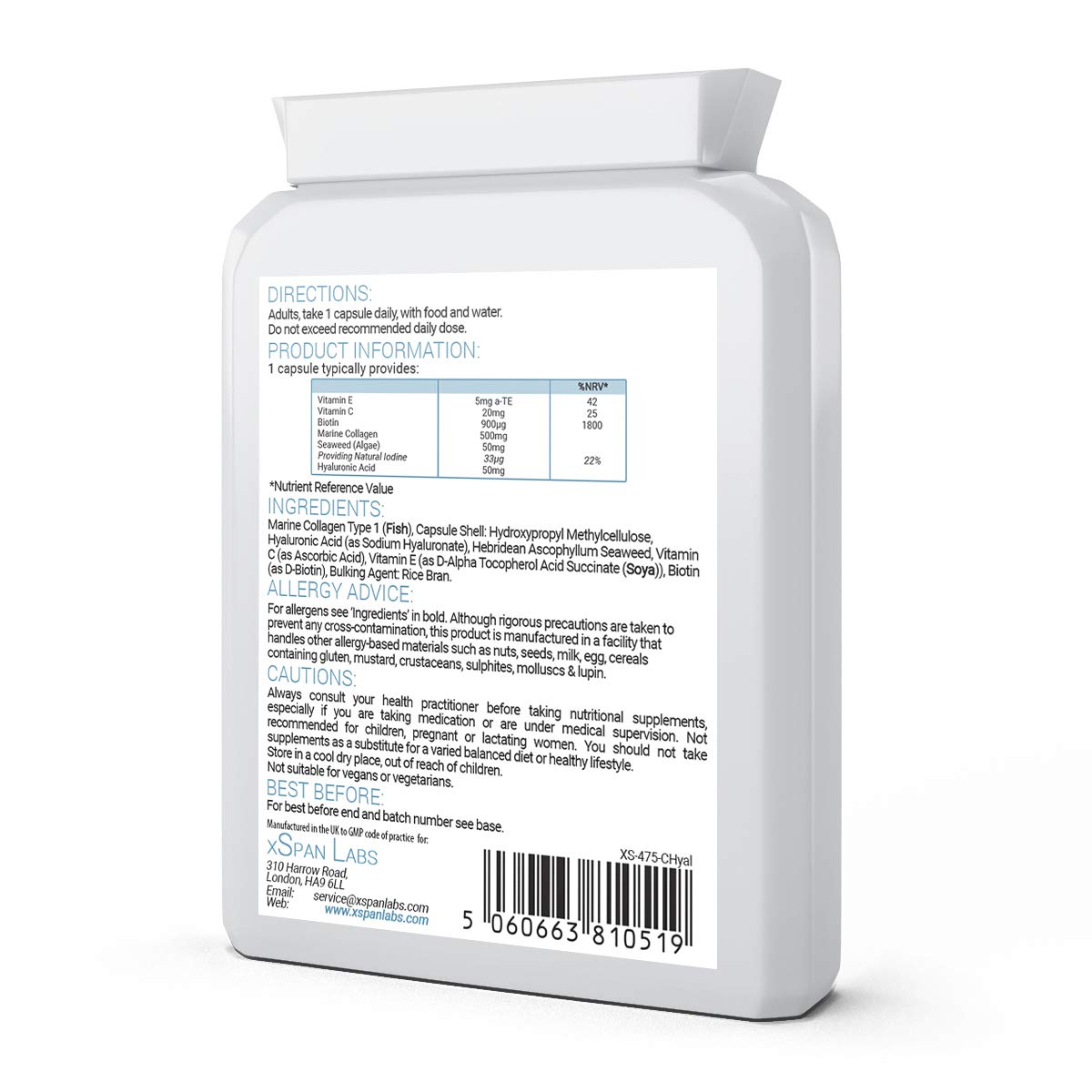 Collagen Complex with Hyaluronic Acid & Seaweed - 60 Capsules - Skin, Hair & Nails Formula with added D-Biotin, Vitamin E & C - Highly Bioavailable Naticol® Hydrolysed Marine Collagen 500mg