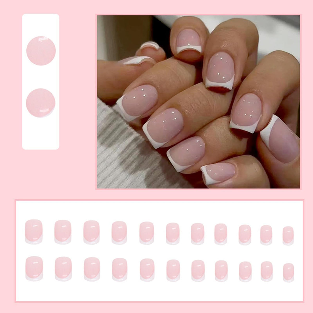 EONFAVE 24 Pcs French False Nails - Press on Nails - Full Cover False Nails Nude White Square Stick on Nails - French Fake Nails Stick on Nails for Women and Girlfriend Nail Art