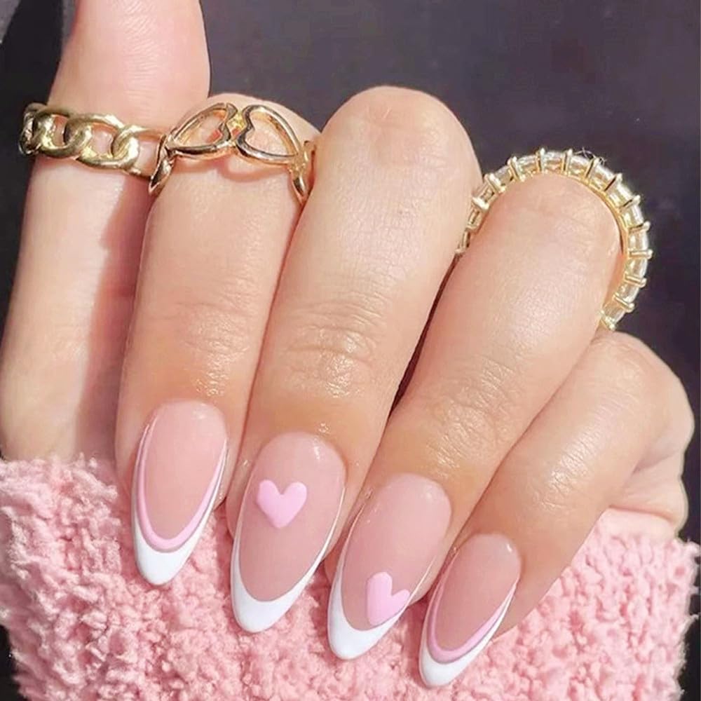ZDHSOY 24Pcs French False Nails White Tip - Medium Length Fake Nails French Tip Press on Nails, Almond Pink with Ballet Heart Design for Women Girls (Ballet Heart Design)