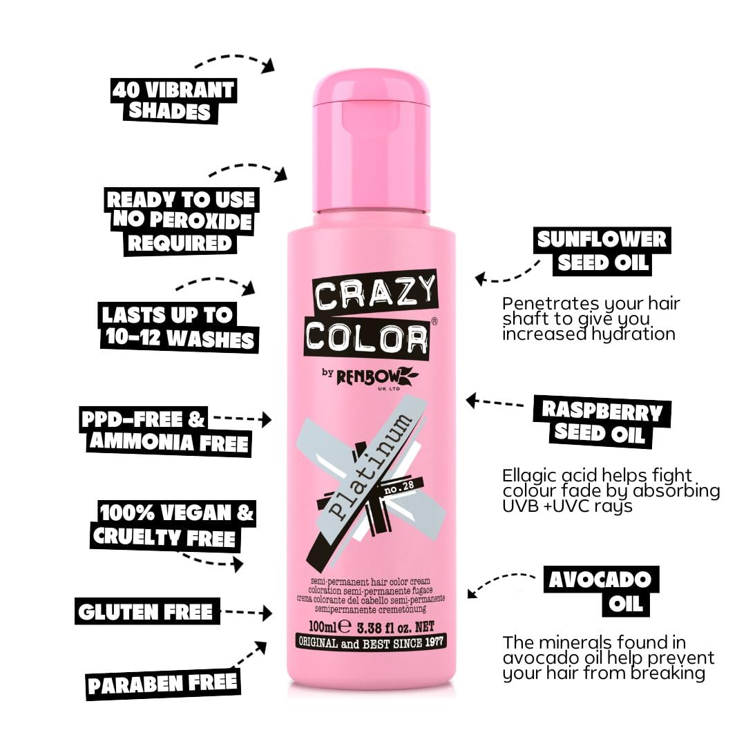 Crazy Color Metallic Platinum Semi-Permanent Hair Dye. Highly Pigmented Purple Toner Conditioning & Oil Nourishing Vegan Formula | No Bleach or Ammonia | 100ml