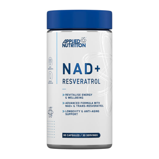 Applied Nutrition NAD+ Resveratrol 500mg per Serving with Vitamin C, Cellular Health, Energy and Healthy Aging Support, Antioxidant Supplement, 60 Capsules (30 Servings)