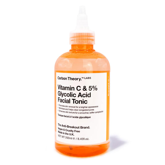 Carbon Theory Vitamin C and 5% Glycolic Acid Face Toner for Tired Dull Looking Skin, Minimises and Clears Congested Pores and Helps Improve Skin Texture and Tone 250ml