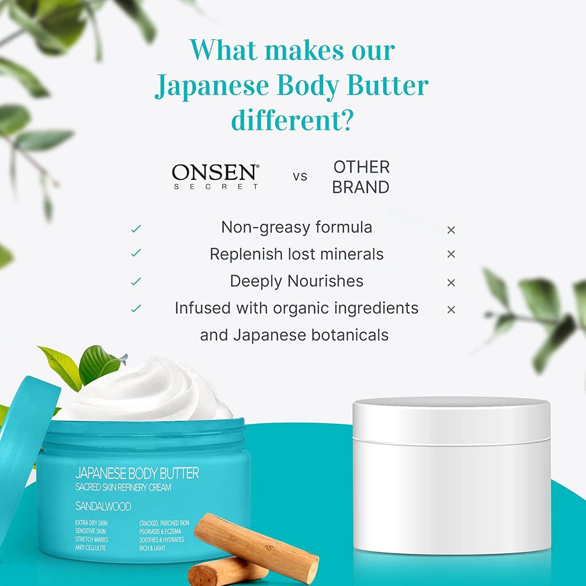 Onsen Secret Japanese Body Butter - Skin Refinery Cream Natural and Organic Moisturizing Clear Skin Exfoliator with All Coconut and Jojoba Oil for Women- 8.6 fl oz/255 ml (Sandalwood)