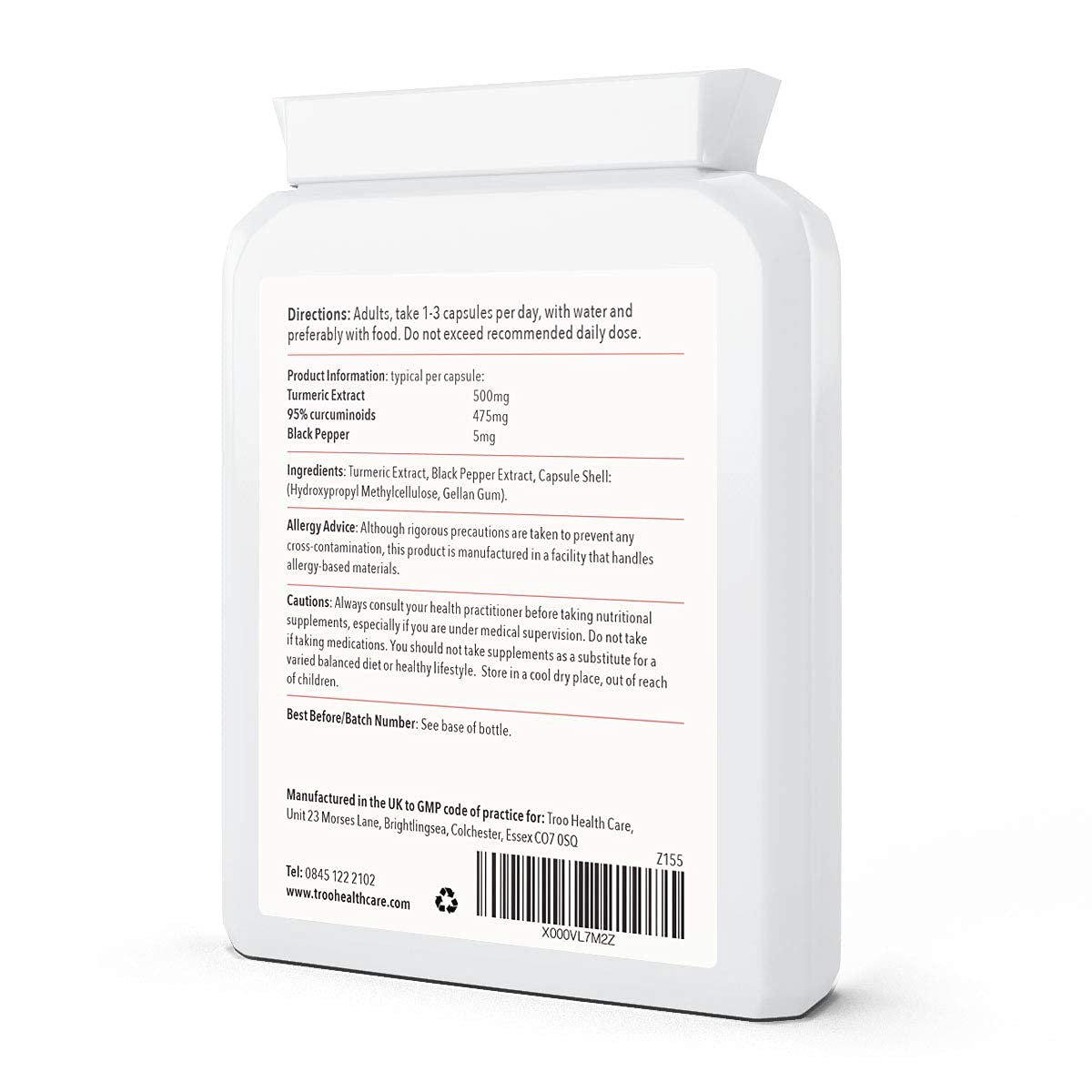 Troo Health Care Turmeric Supplement (500 mg) - 60 Capsules with Black Pepper Extract Piperine | Provides 95% Standardisation of Curcumin | UK Manufactured