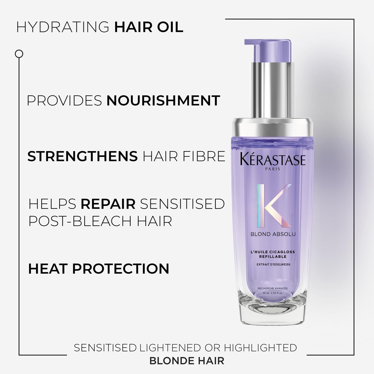 KERASTASE Kérastase Blond Absolu, Intense Blonde Strengthening Hair Oil, For Sensitised Lightened or Highlighted Hair, With Hyaluronic Acid & Edelweiss Flower, Huile Cicaextreme, Refillable Bottle 75ml