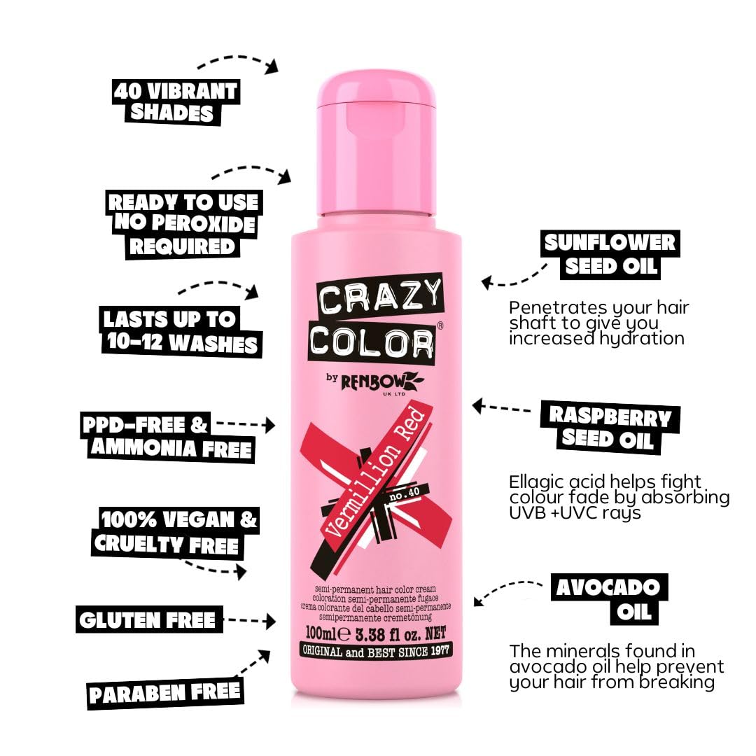 Crazy Color Vibrant Vermillion Red Semi-Permanent Trio Hair Dye. Highly Pigmented Scarlet Red Conditioning & Oil Nourishing Vegan Formula | No Bleach or Ammonia | 300ml