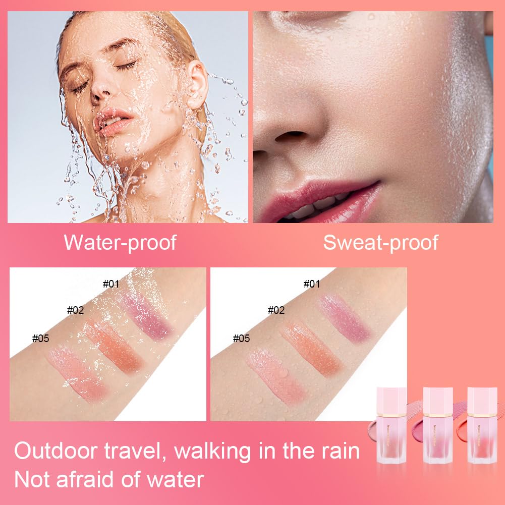 LOPHE 3 Pcs Liquid Blush for Cheeks, Soft Cream Liquid Blush Stick With Fine Glitter, Natural-Looking Face Cheek Tint Blush Makeup, Long Lasting Blendable Lightweight Moisturizing Beauty Makeup