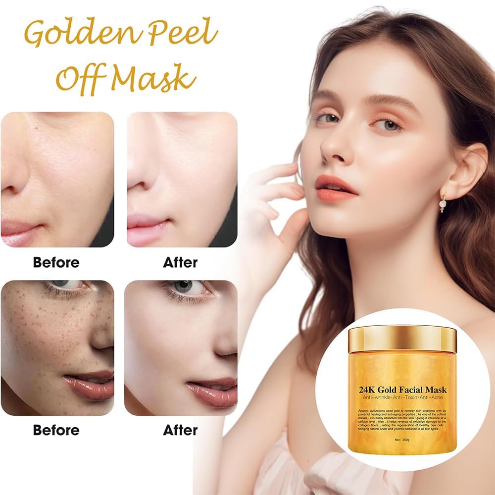 Chenkxin 24K Gold Facial Mask, Gold Peel Off Mask, Rejuvenating Collagen Face Mask For Flawless Skin, Reduces Fine Lines & Wrinkles, Clears Acne, Minimizes Pores, Moisturizes & Firms Up Your Skin, 250g