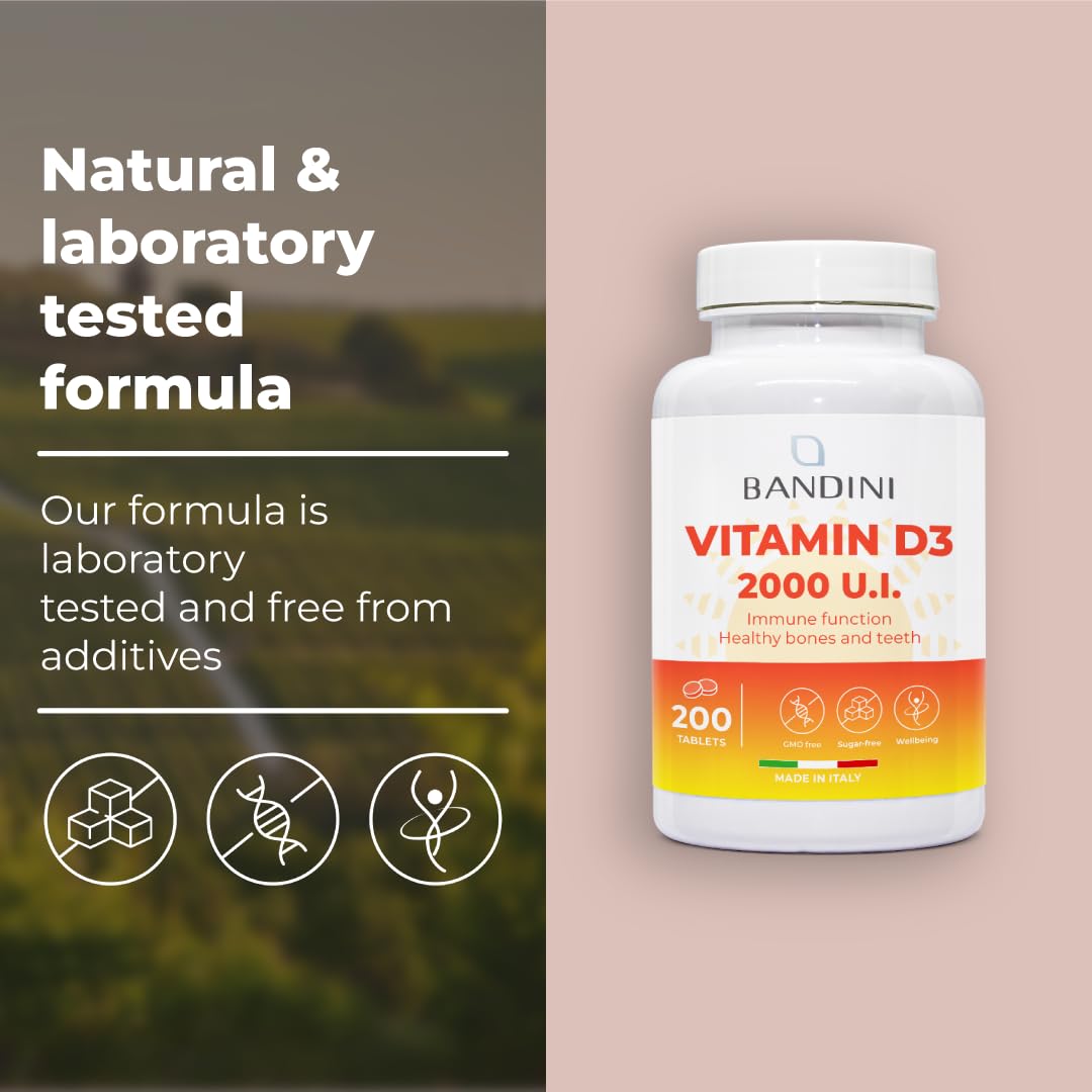 BANDINI Bandini® Vitamin D 2000 IU 200 Tablets (6 Month Supply) - High Dosage - 50 mcg of Cholecalciferol - Immune defenses, Bone, Tooth and Muscle Health - Calcium Metabolism - Pure Vitamin D3