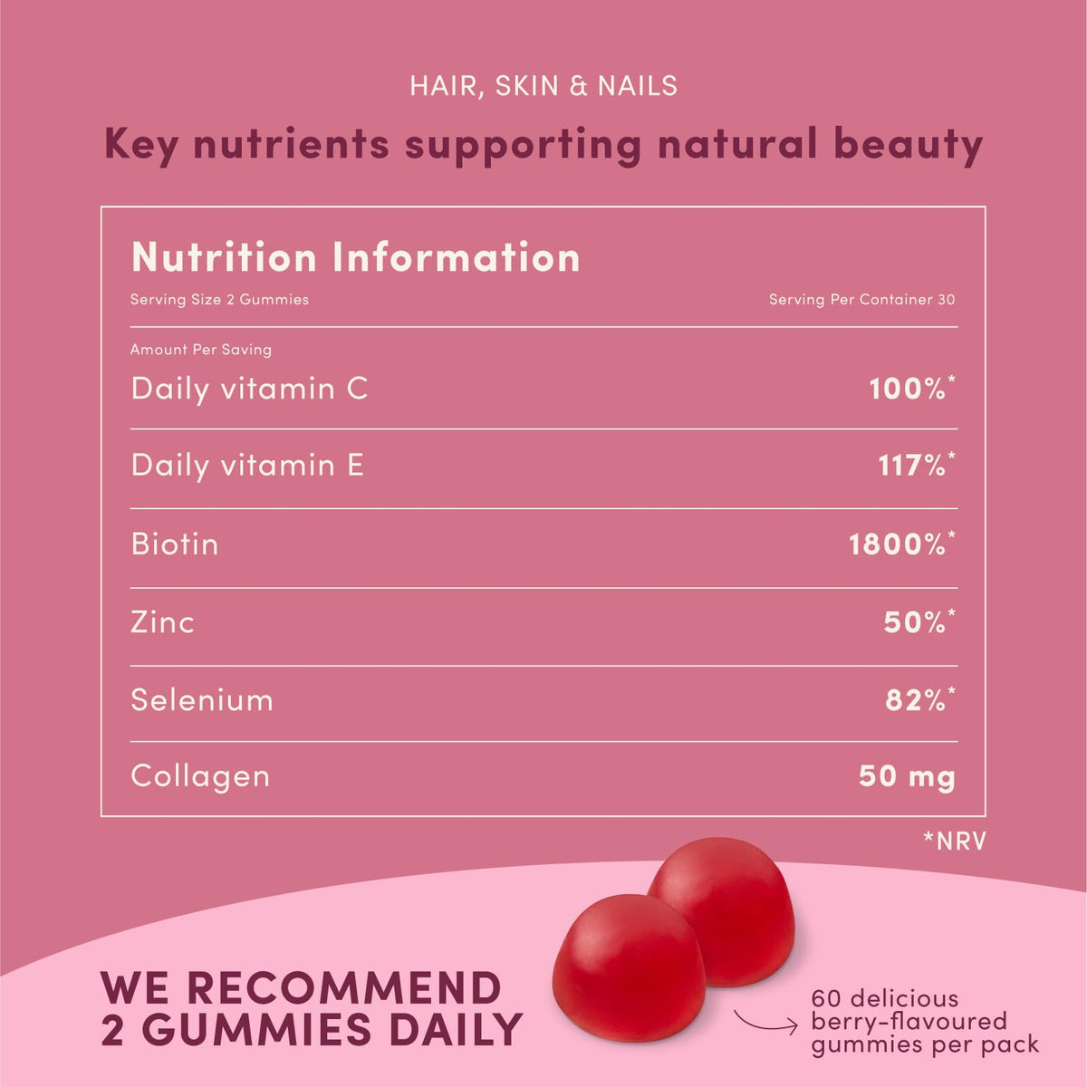 Nature's Bounty Hair, Skin and Nails Gummies - Pack of 60 Gummies, 30 Day Supply - with Collagen, Biotin, Zinc and Vitamins C and E - Supports Hair Growth and Healthy Shine