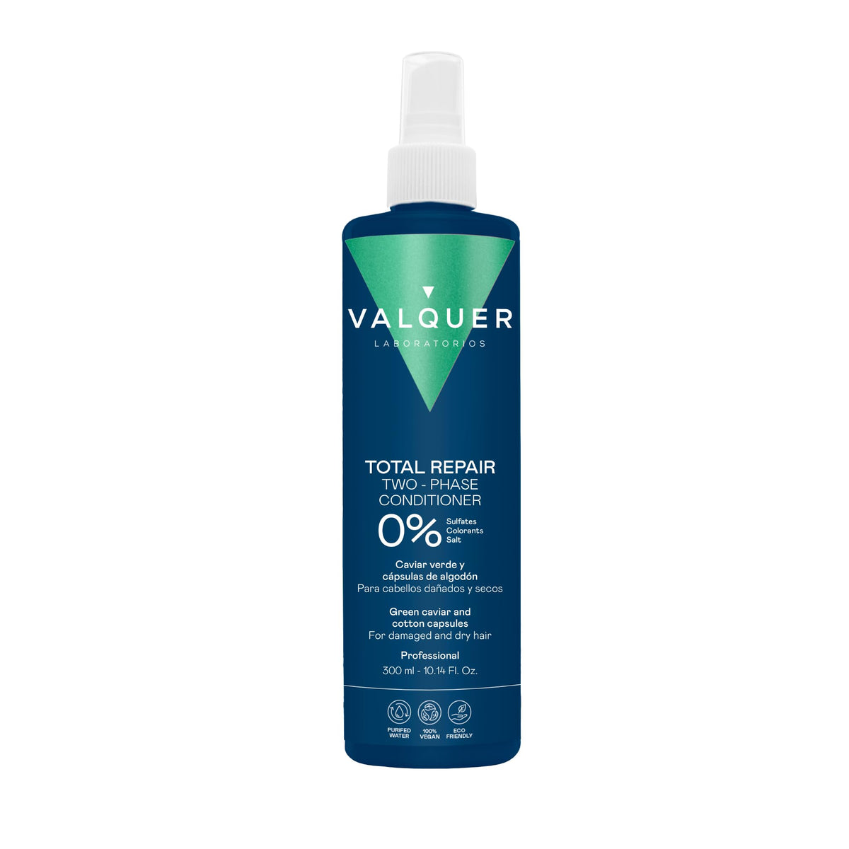 Valquer Laboratorios Valquer Total Repair Zero Biphasic Conditioner. Repairs, Softens and Nourishes Damaged and Dry Hair. Intense Hydration with Green Caviar and Cotton Capsules. Vegan. 300ml