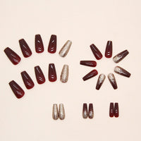 Ceboic 24Pcs Square False Nails Short, French Tip Stick on Nails Red Glitter Press on Nails, Fake Nails Set with Designs, Removable Acrylic Full Cover Glue-on Nails for Women Girls