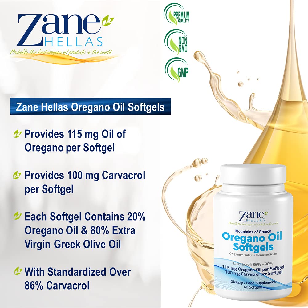 Zane HELLAS Probably the best oregano oil products in the world Zane Hellas Oregano Oil Softgels. Extra Strength. Every Softgel Contains 20% Greek Essential Oil of Oregano. 100 mg Carvacrol per Softgel.60 Softgels.