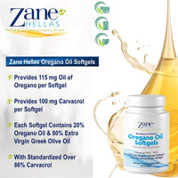 Zane HELLAS Probably the best oregano oil products in the world Zane Hellas Oregano Oil Softgels. Extra Strength. Every Softgel Contains 20% Greek Essential Oil of Oregano. 100 mg Carvacrol per Softgel.60 Softgels.