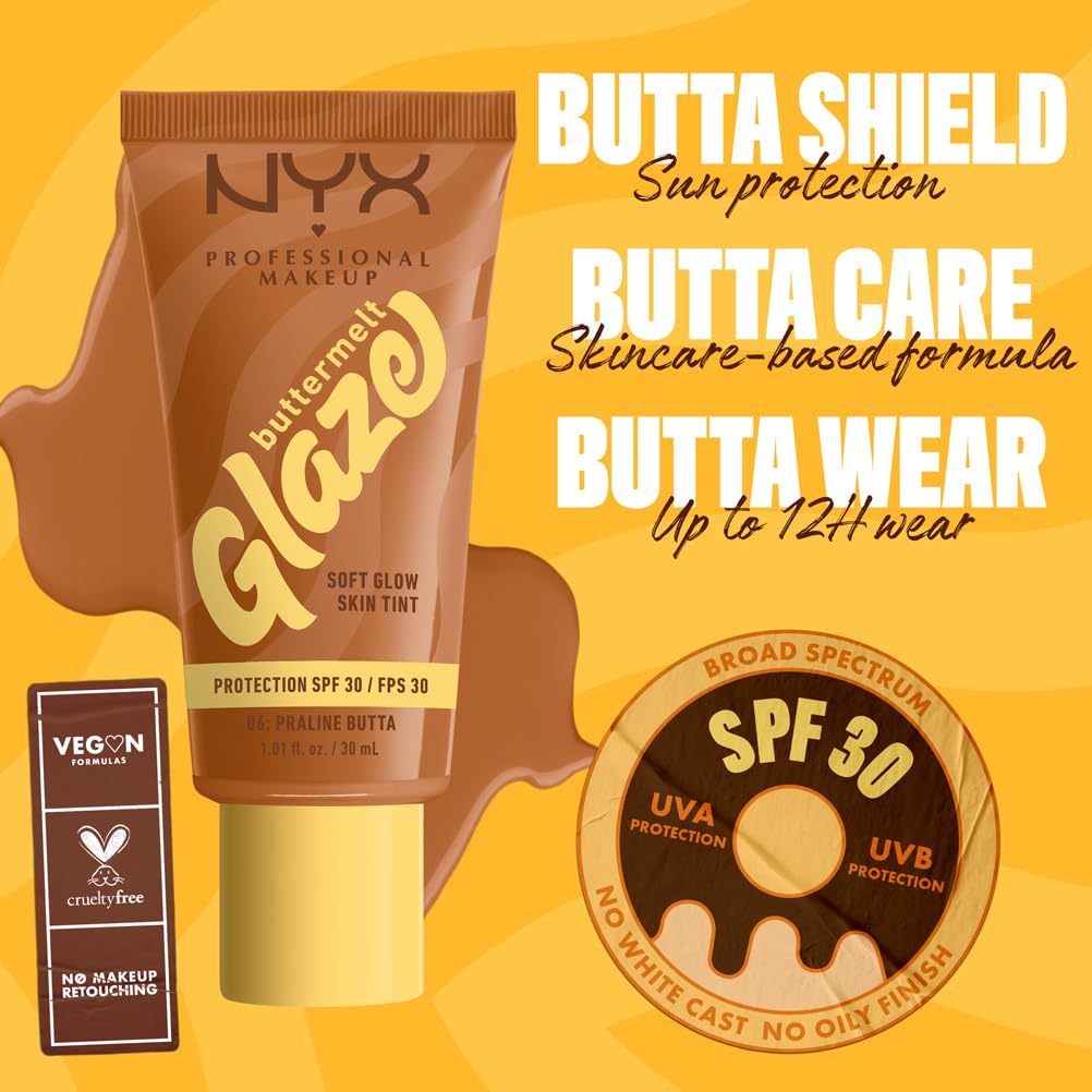 NYX PROFESSIONAL MAKEUP NYX Professional Makeup Buttermelt Glaze Soft Glow Skin Tint + SPF/FPS 30, Foundation, 12h Wear, Praline Butta