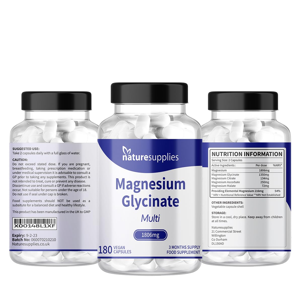 naturesupplies Magnesium Glycinate Supplements 180 Capsules 1806mg - High Absorption 4 Magnesium Powders in One Capsule, Citrate, Malate, Ascorbate & Glycinate - Naturesupplies…