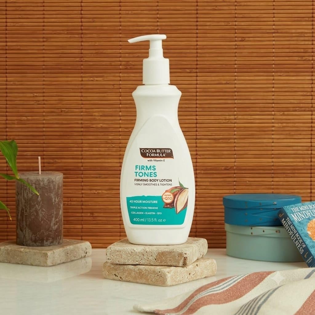 KRISP Cocoa Butter Formula Firming Body Lotion with Vitamin E, Collagen, Q10 & Elastin 400ml – Firms, Tones, Smooths Skin with Cosmetic Spatula – 48H Moisture, For Dry & Ageing Skin