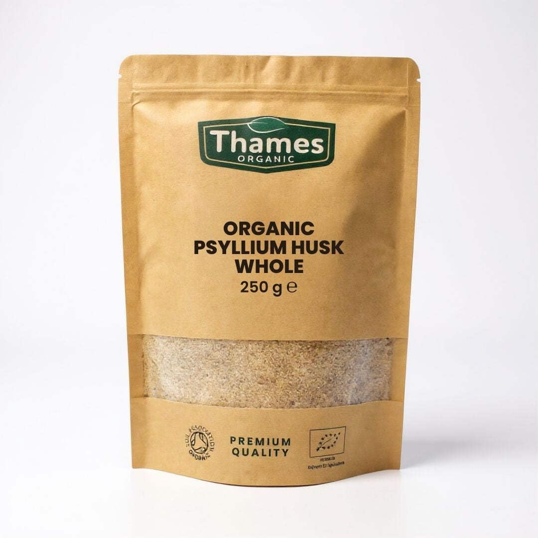 Organic Psyllium Husk Whole - High Protein, High Fibre, Raw, Vegan, GMO-Free - No Additives or Preservatives, Certified Organic - Nutritious, Versatile - Resealable Pouch - Thames Organic 250g
