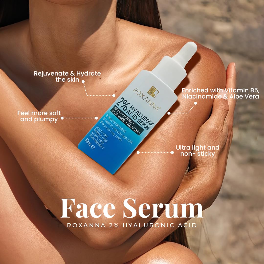 Roxanna 2% Hyaluronic Acid Face Serum 50ml – Hydrating Serum with Vitamin B5, Niacinamide & Aloe Vera – Plumping, Moisturising & Brightening Skincare for Dry, Sensitive & Mature Skin