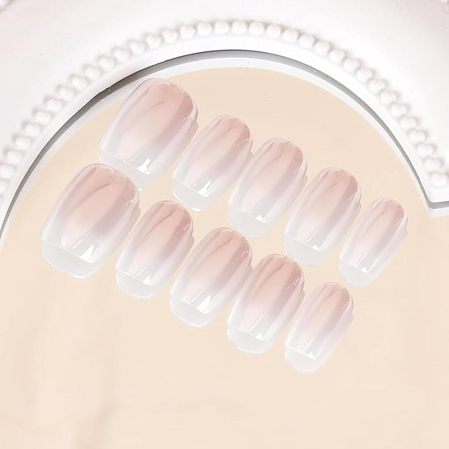 MouyouGlow Short False Nails, Square Pink Gradient White Chrome Glazed Donut Hailey Bieber Press on Nails with Glue, Natural Pink Ombre White Solid Fake Nails