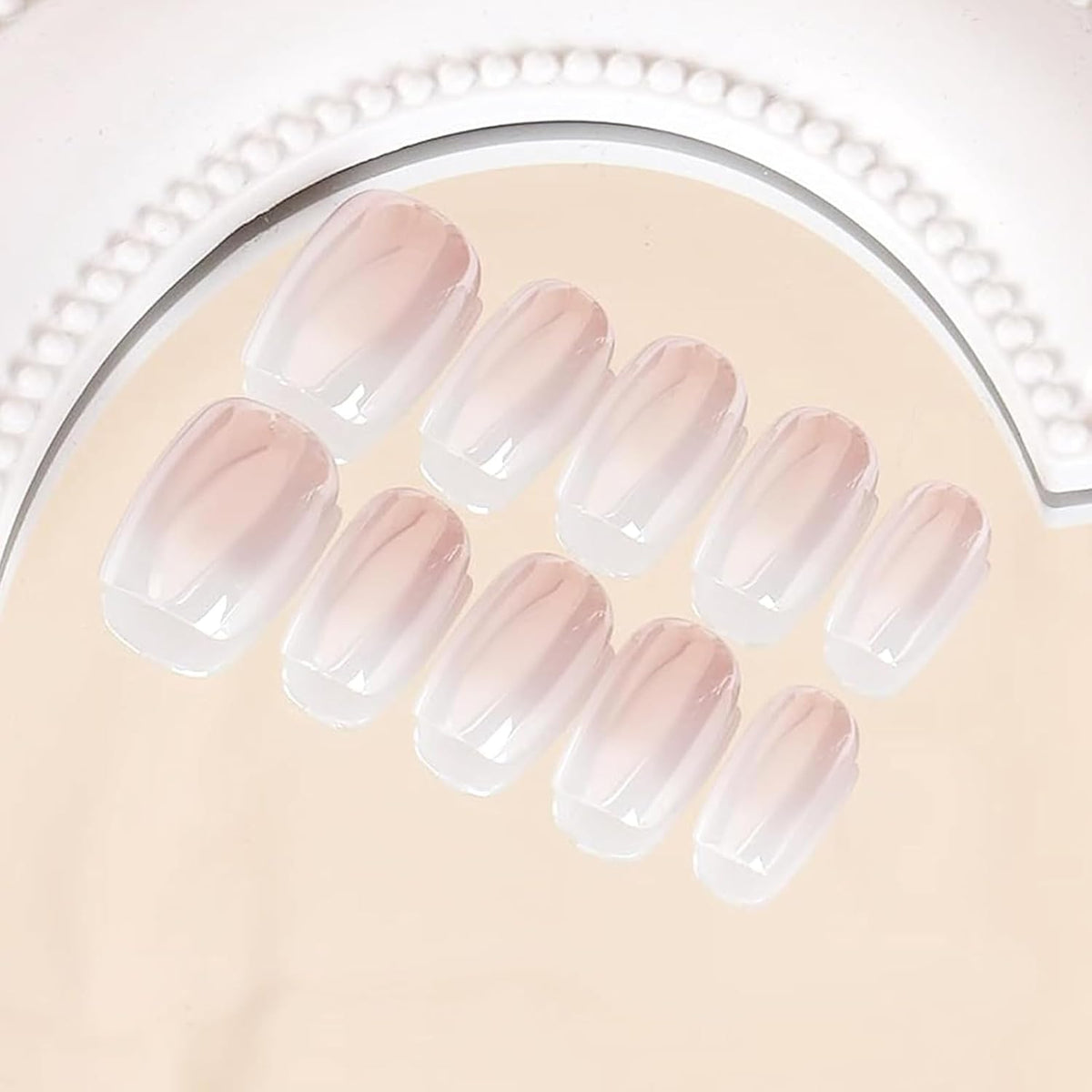 MouyouGlow Short False Nails, Square Pink Gradient White Chrome Glazed Donut Hailey Bieber Press on Nails with Glue, Natural Pink Ombre White Solid Fake Nails