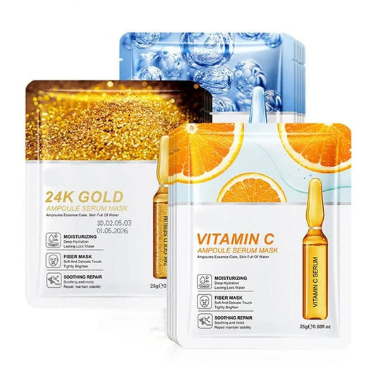 (6 Pack) 24K Gold, Hyaluronic Acid & Vitamin C Face Mask Set - Hydrating, Skin Brightening, Redness Relief, Anti-Aging Ampoule Serum Masks